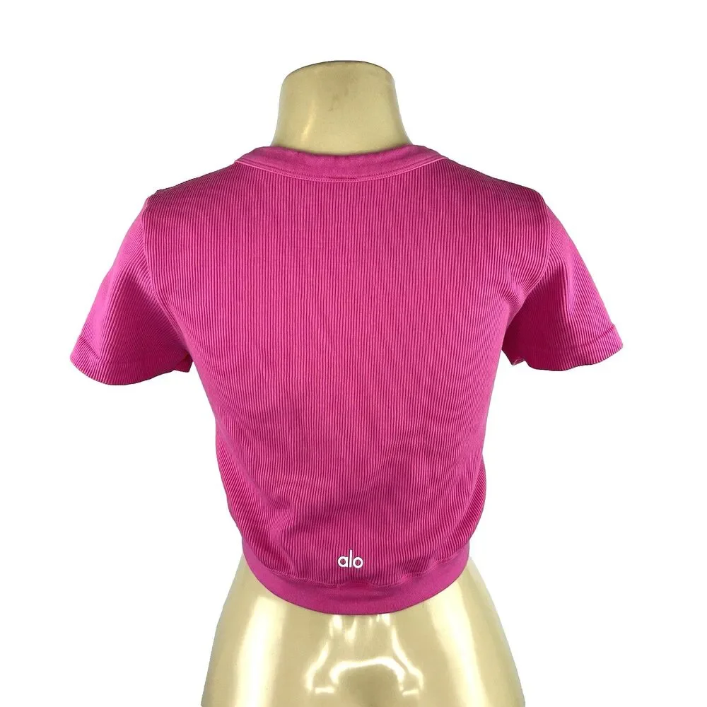 Alo Yoga Seamless Ribbed Serene Short Sleeve Top Size L Pink Cropped Active